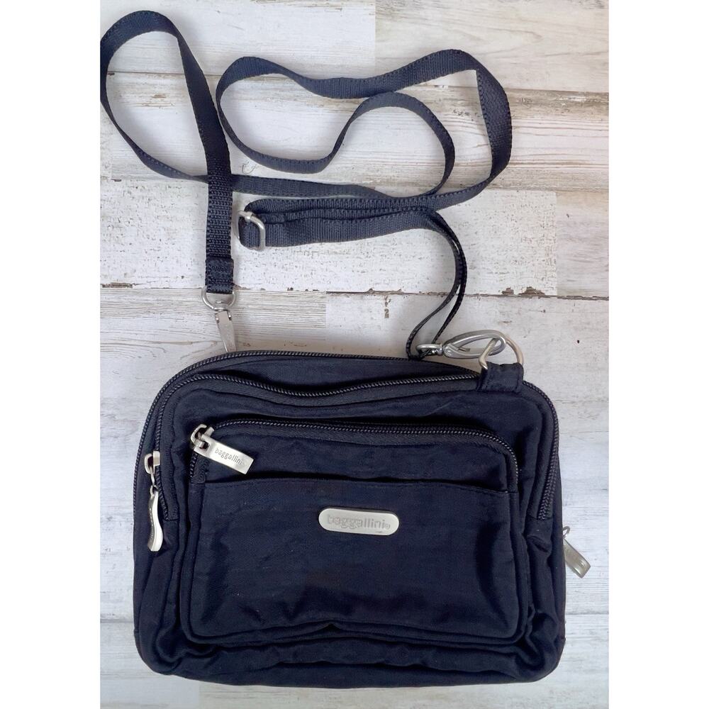Baggallini Triple Zip Crossbody Waist Black Nylon Bag Travel Organizer Purse